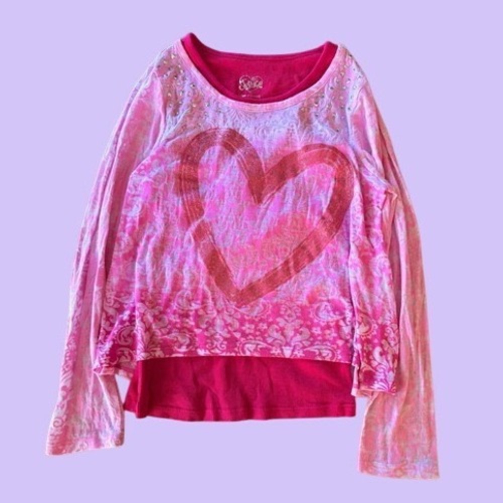 Y2K Justice Pink Glitter Heart Rhinestone Layered Long Sleeve Top Scene #17